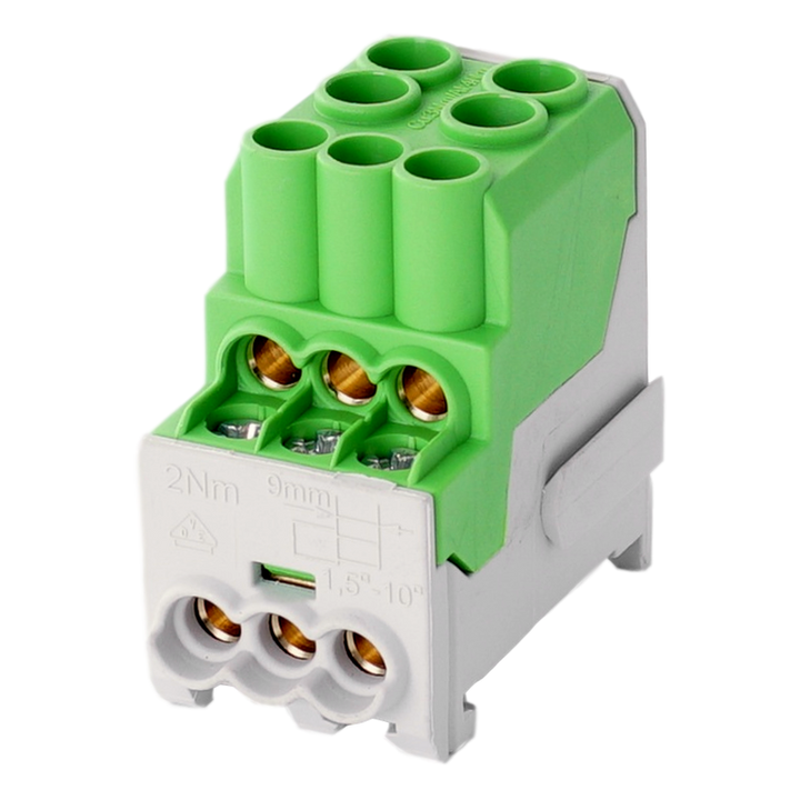 Borne de distr. UVB100 1p 2x16, 6x6mm² Cu PE verte