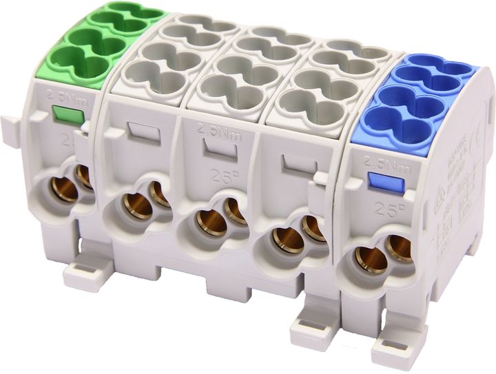 Bornier de dériv. HLAK25 C 5p 2x25, 2x16mm² Cu+Al 3LNPE