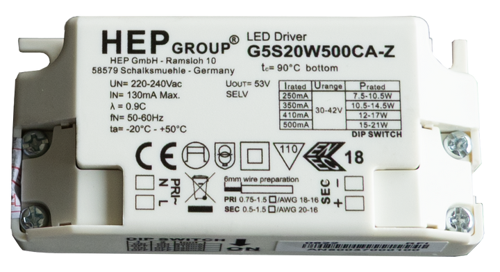 (AS) HEP 20W Phase Dim 250/350/410/500mA via DIP Switch sans con.mal
