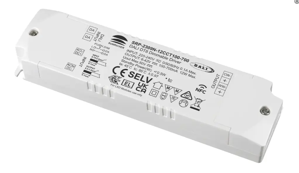 DALI DT8 Driver 12W SOLIS 100-700mA + NFC met anti-trekbeveiliging