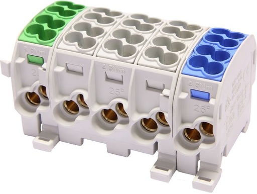 [/080150-1-3] Bornier de dériv. HLAK25 C 5p 2x25, 2x16mm² Cu+Al 3LNPE