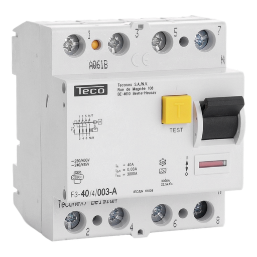 [/F3404003A] Residual current circuit breaker Teco 4P 40A 30mA Type A 3kA