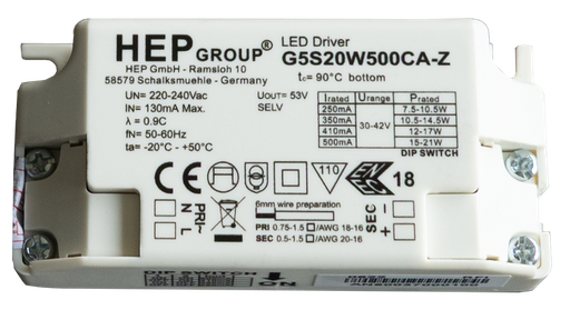 [/G5S20W500CA-Z-C] (AS) HEP 20W Phase Dim 250/350/410/500mA via DIP Switch sans con.mal