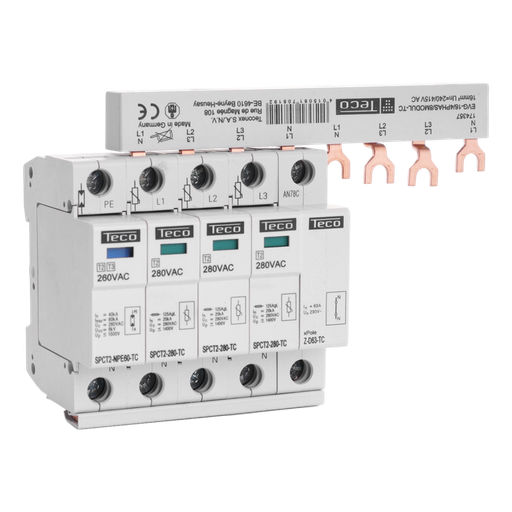 [/SPCT22803NPEBB] Type 2 overspanningsbeveiliger Teco 3p+N 280V + kamgeleider